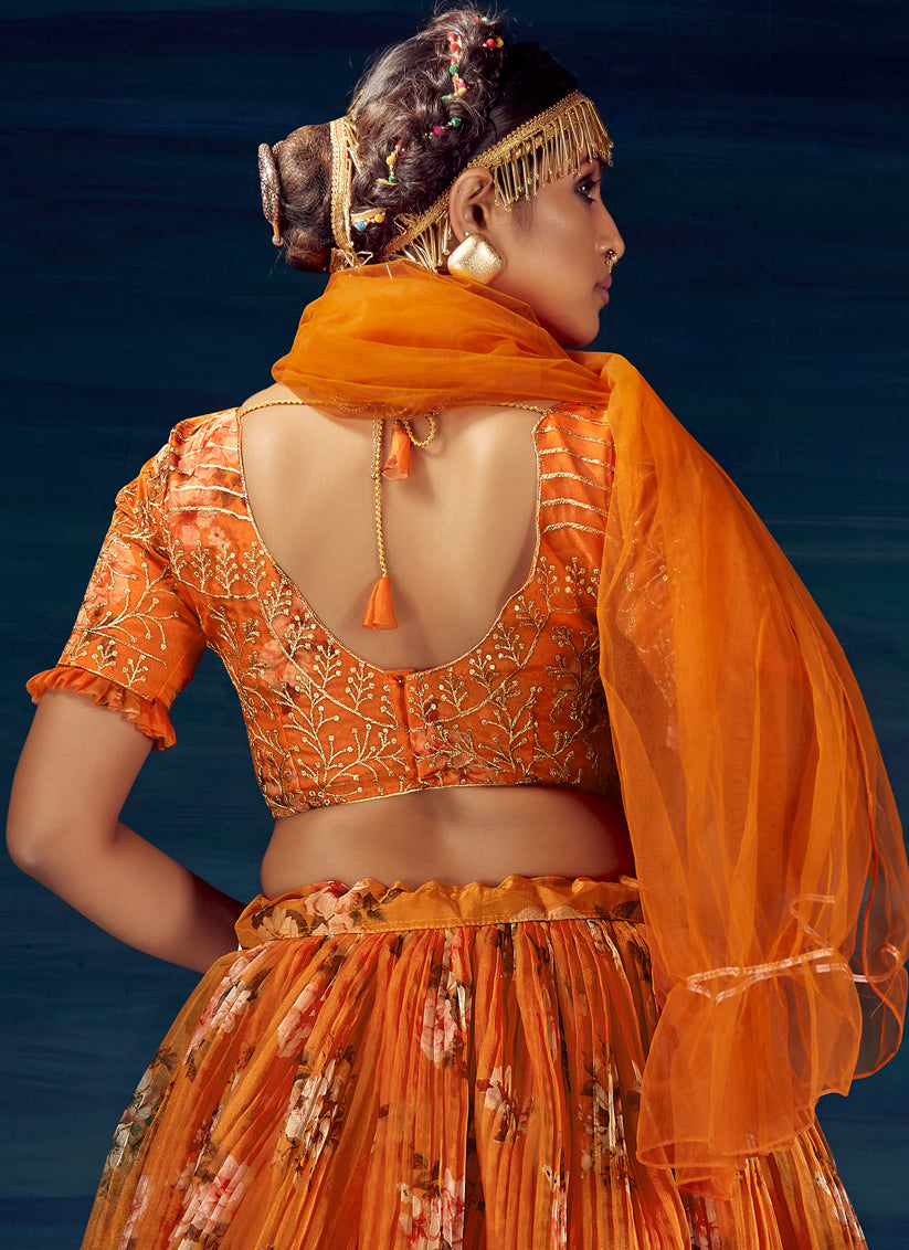 Orange Heavy Organza Embroidered and Printed Designer Lehenga Choli