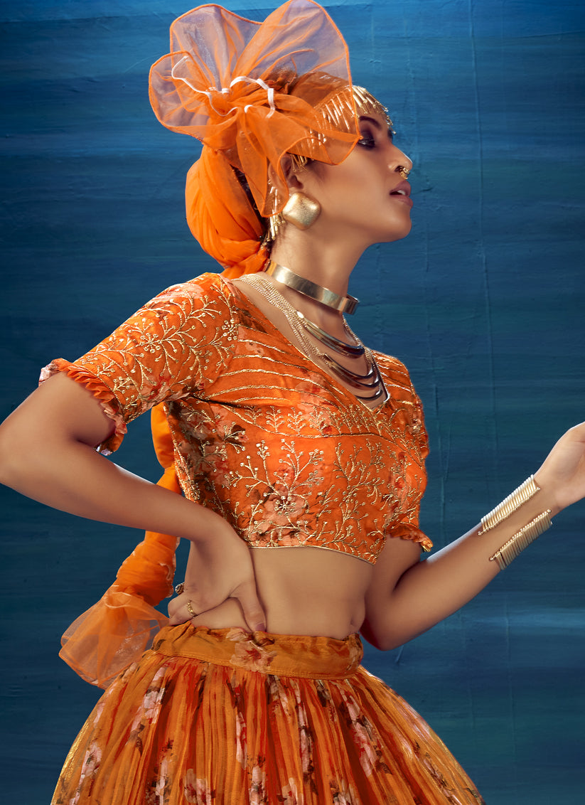 Orange Heavy Organza Embroidered and Printed Designer Lehenga Choli