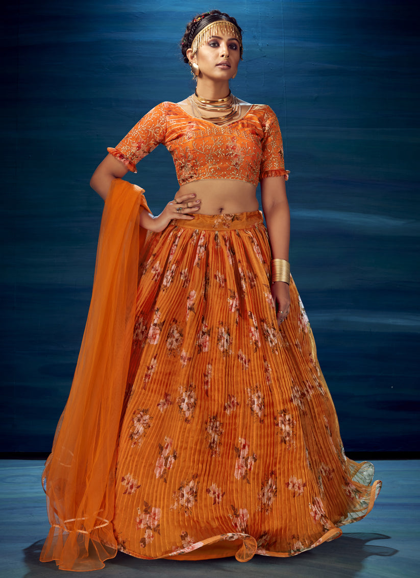 Orange Heavy Organza Embroidered and Printed Designer Lehenga Choli