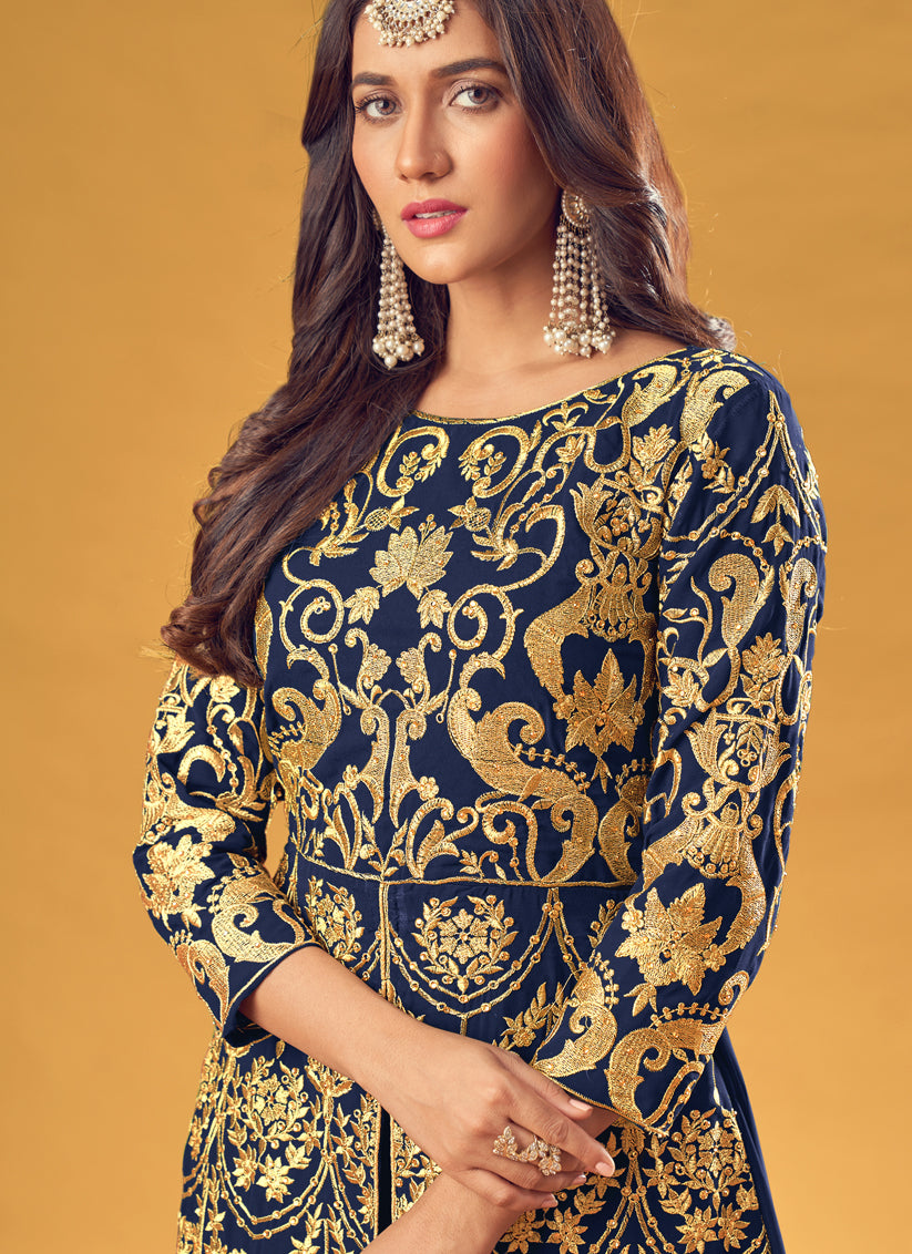 Navy Blue Georgette Embroidered Palazzo Kameez