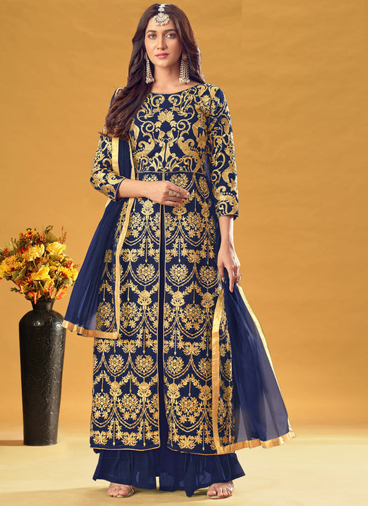 Navy Blue Georgette Embroidered Palazzo Kameez