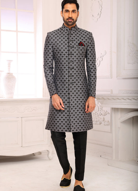 Smoke Grey Brocade Jacquard Nawabi Mens Indo Western