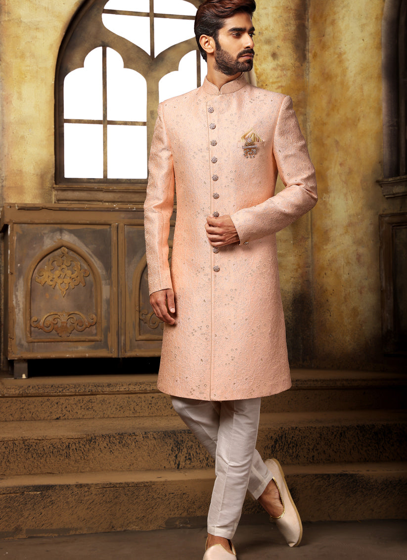 Peach Brocade Jacquard Nawabi Mens Indo Western