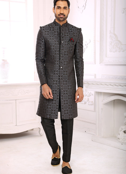 Grey Brocade Jacquard Nawabi Mens Indo Western