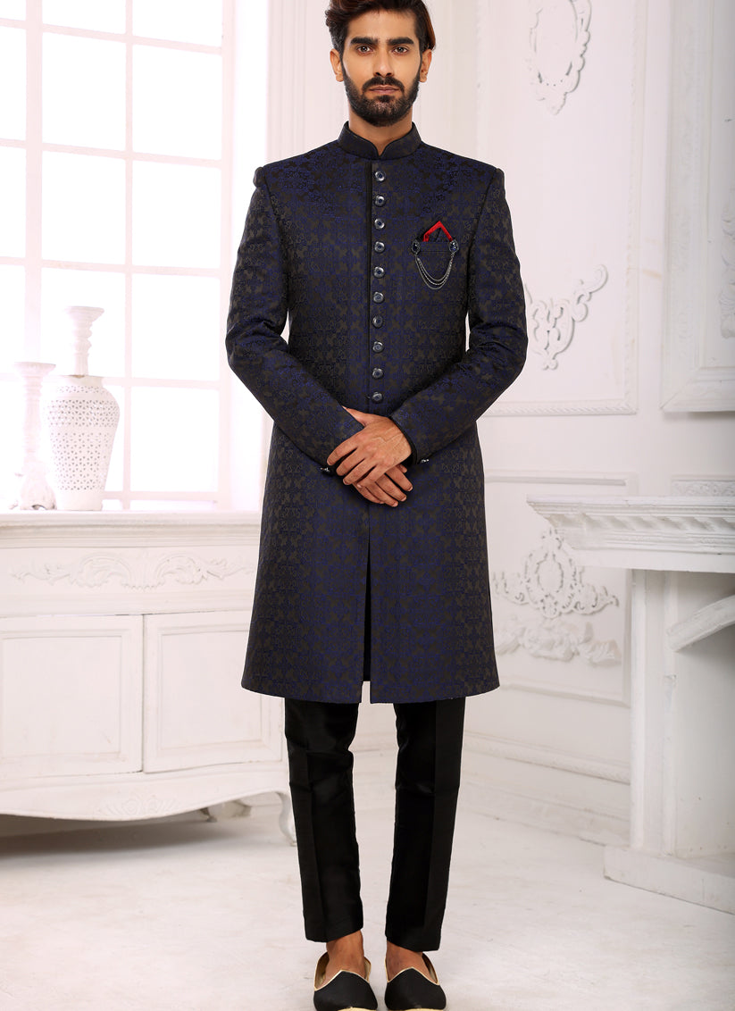 Navy Blue Brocade Jacquard Nawabi Mens Indo Western