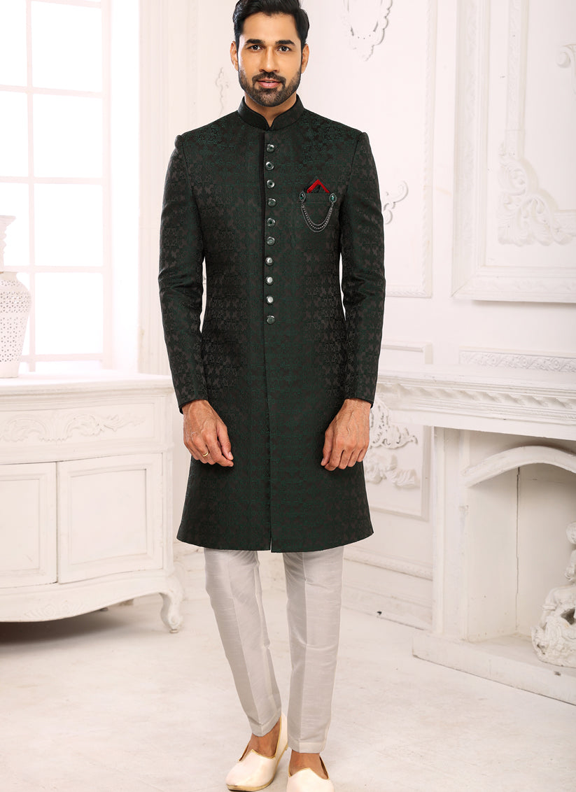 Bottle Green Brocade Jacquard Nawabi Mens Indo Western