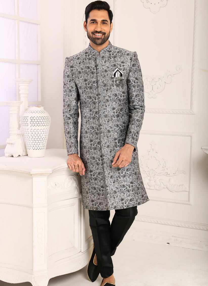 Smoke Grey Brocade Jacquard Nawabi Mens Indo Western