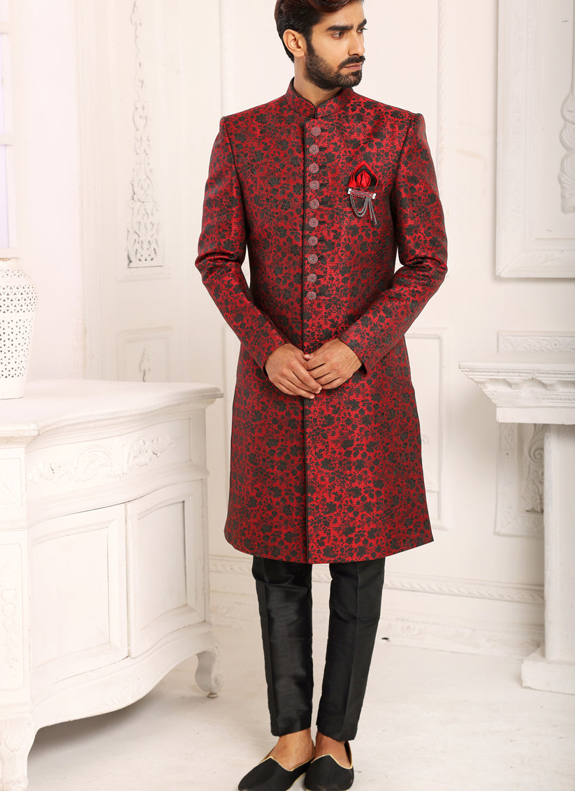 Maroon Brocade Jacquard Nawabi Mens Indo Western