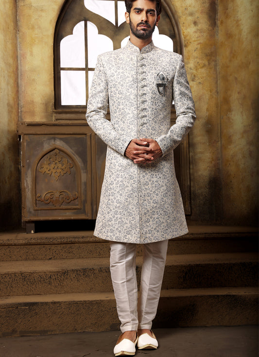 Off White Brocade Jacquard Nawabi Mens Indo Western