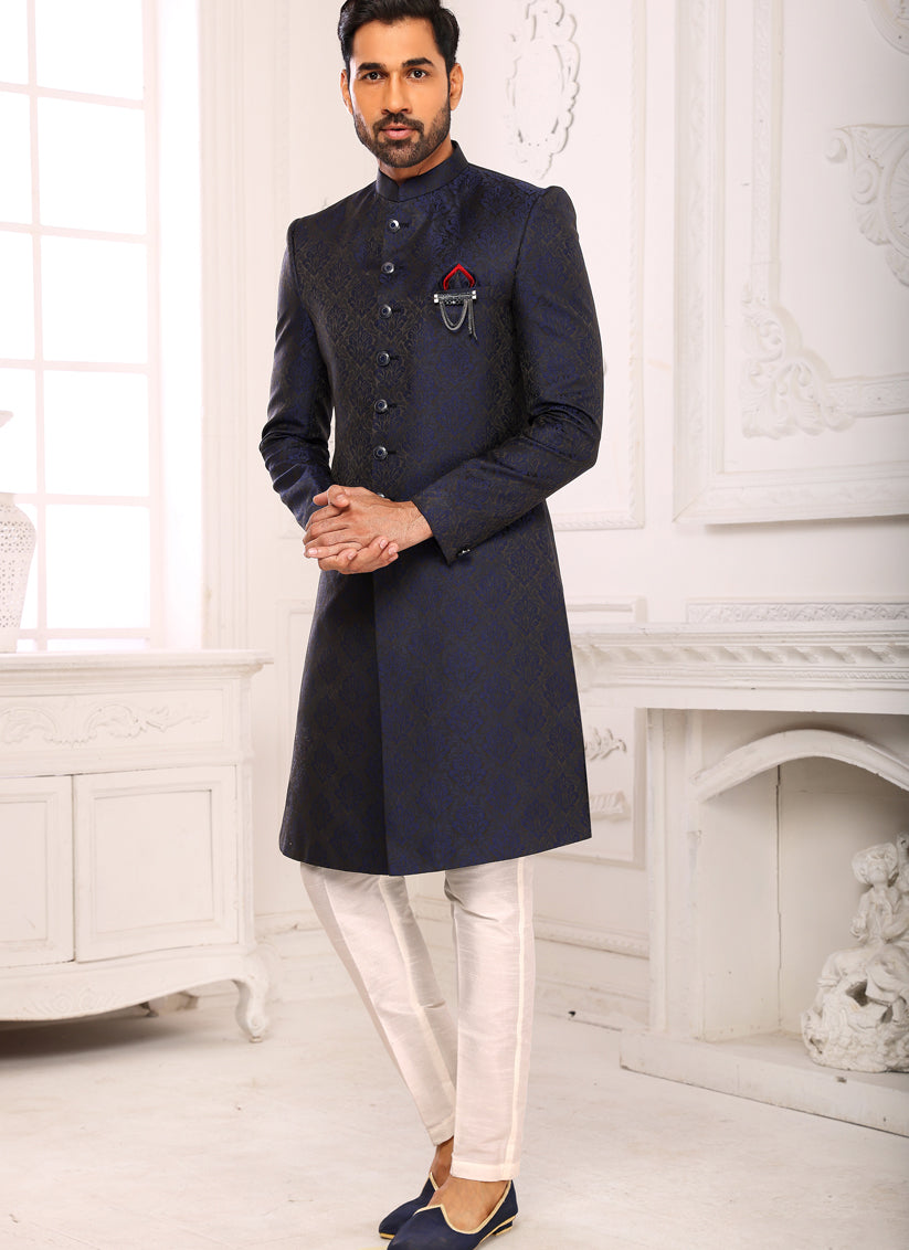 Navy Blue Brocade Jacquard Nawabi Mens Indo Western