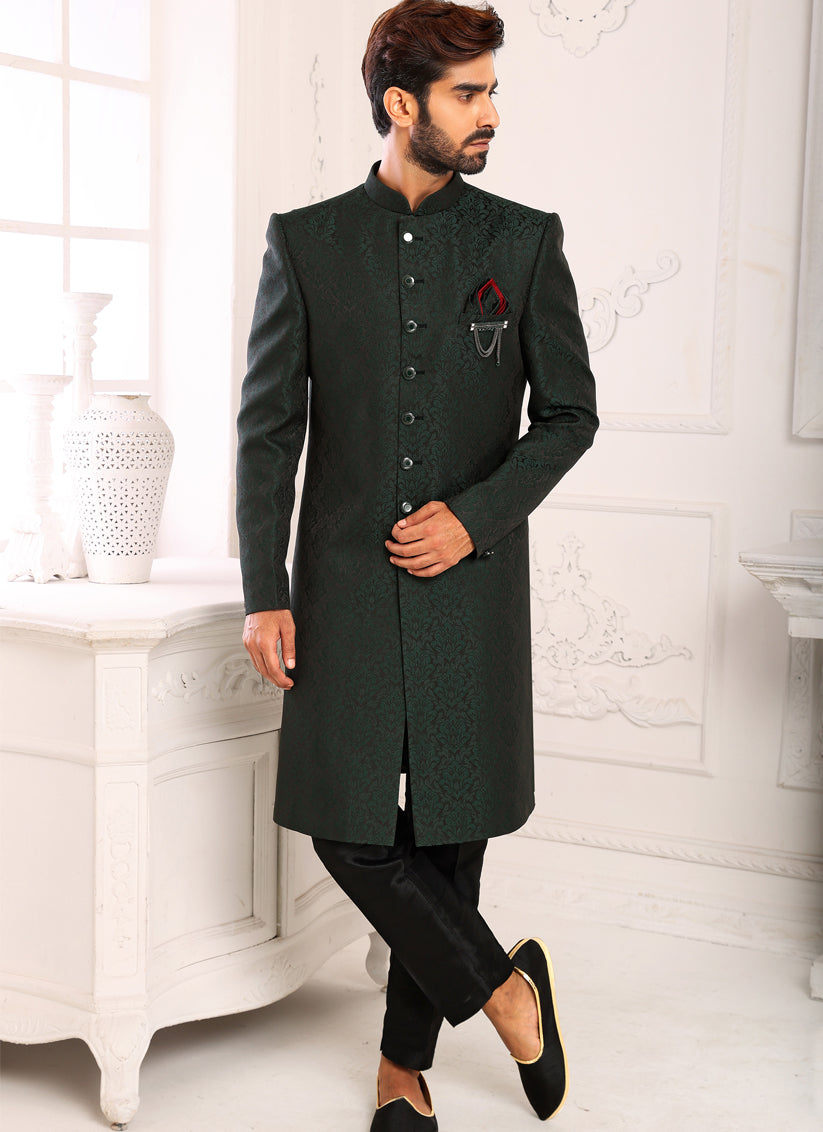 Bottle Green Brocade Jacquard Nawabi Mens Indo Western