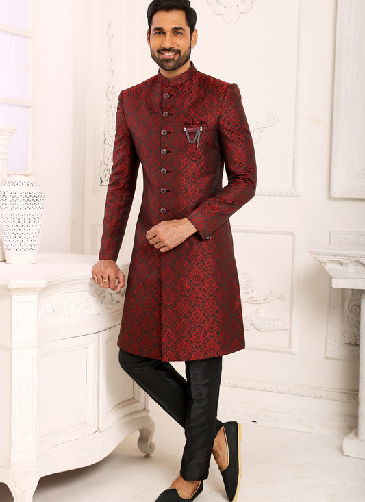 Maroon Brocade Jacquard Nawabi Mens Indo Western