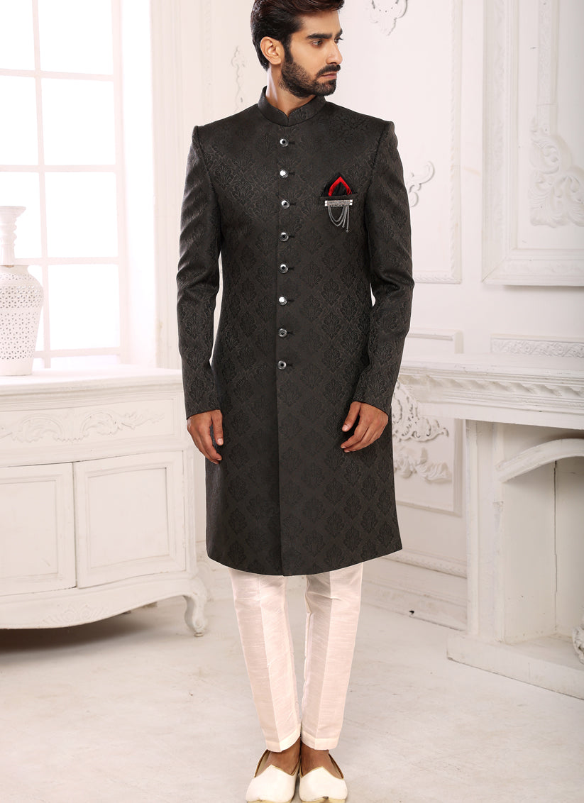 Black Brocade Jacquard Nawabi Mens Indo Western