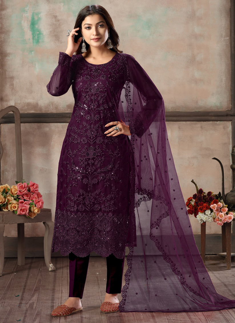 Wine Net Embroidered Designer Pant Kameez