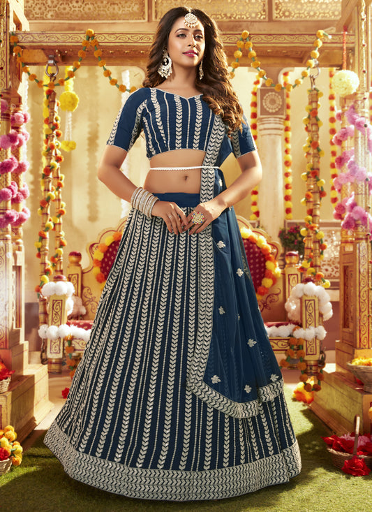 Blue Faux Georgette Embroidered Wedding Lehenga Choli