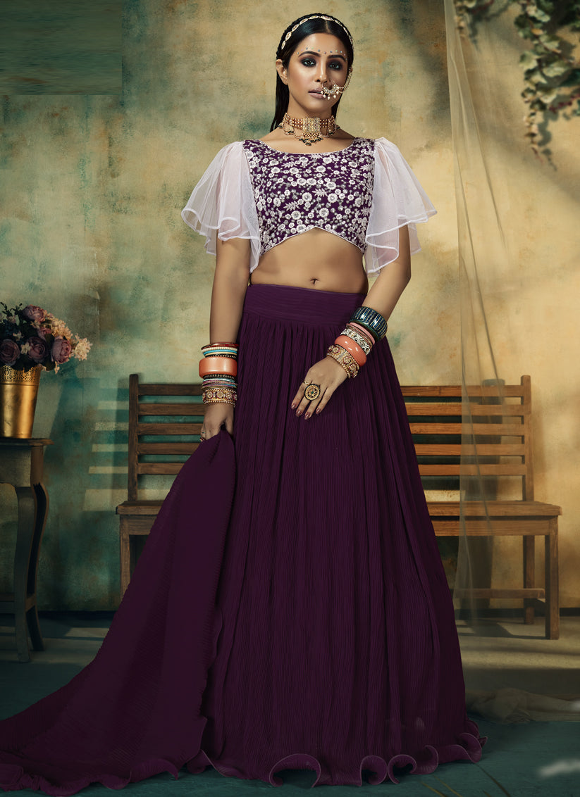 Burgundy Faux Georgette Embroidered Designer Lehenga Choli