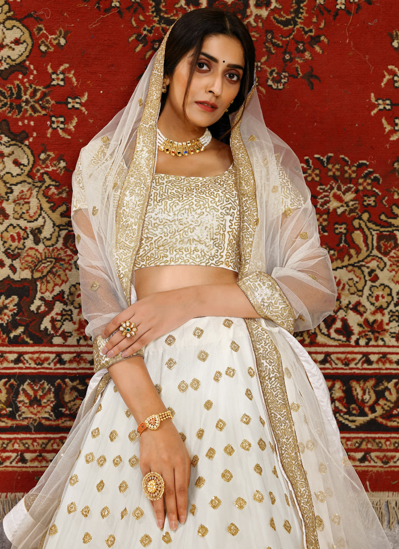 White Net Sequins Wedding Lehenga Choli