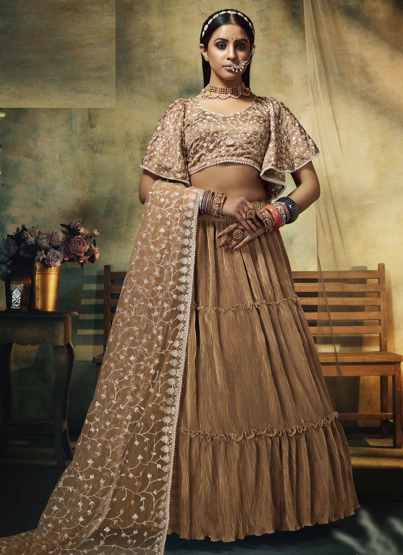 Bronze Brown Satin Embroidered Designer Lehenga Choli