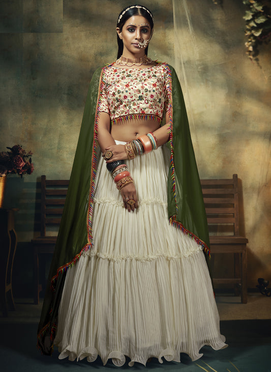 Off White Faux Georgette Embroidered Designer Lehenga Choli