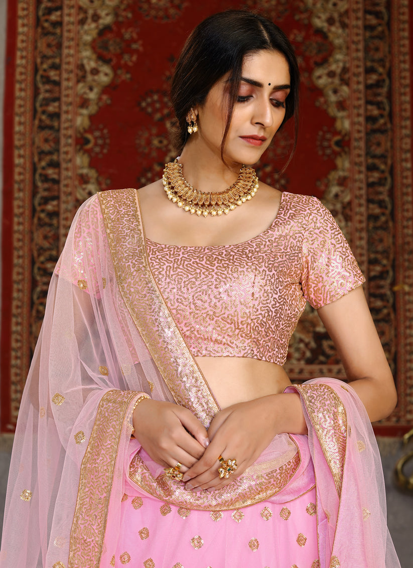 Rose Pink Net Sequins Wedding Lehenga Choli