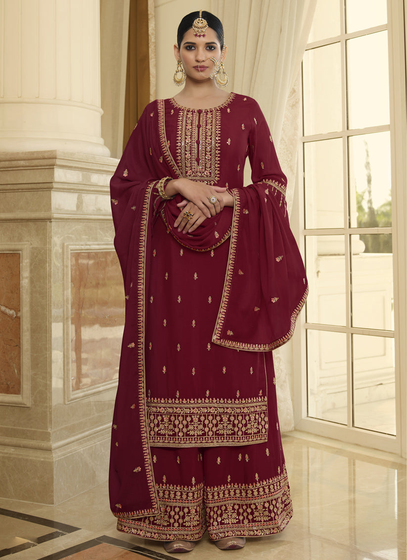 Maroon Chinnon Embroidered Palazzo Kameez