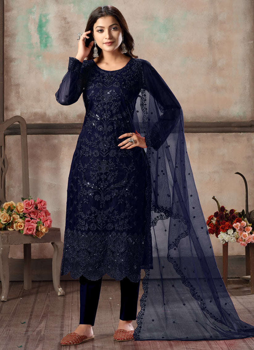 Navy Blue Net Embroidered Designer Pant Kameez