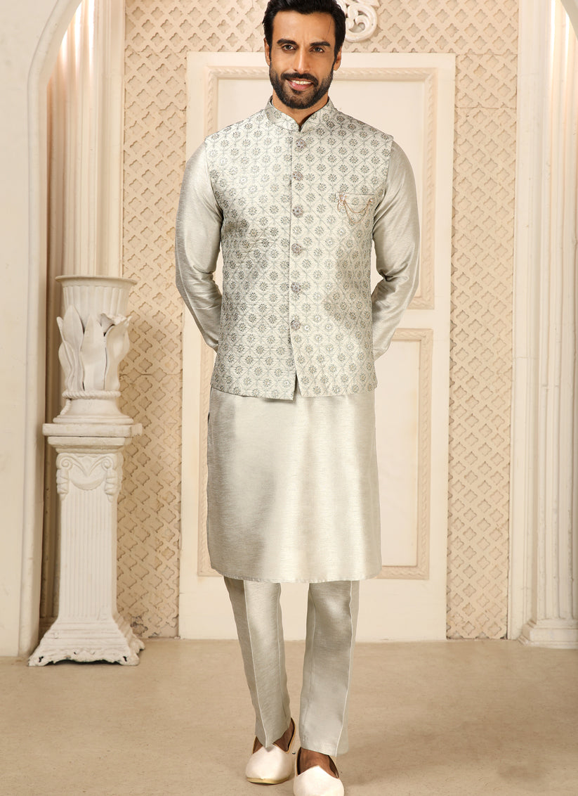 Grey Art Banarasi Silk Embroidered Mens Kurta Pyjama Set with Jacket