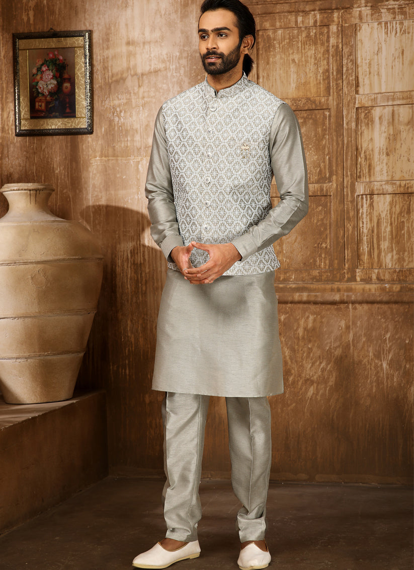 Grey Art Banarasi Silk Embroidered Mens Kurta Pyjama Set with Jacket