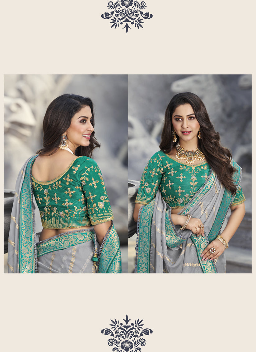 Sky Grey Silk Embroidered Wedding Saree