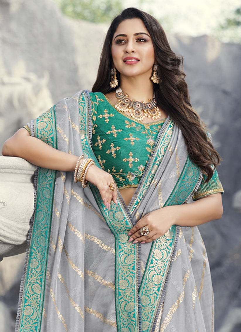 Sky Grey Silk Embroidered Wedding Saree