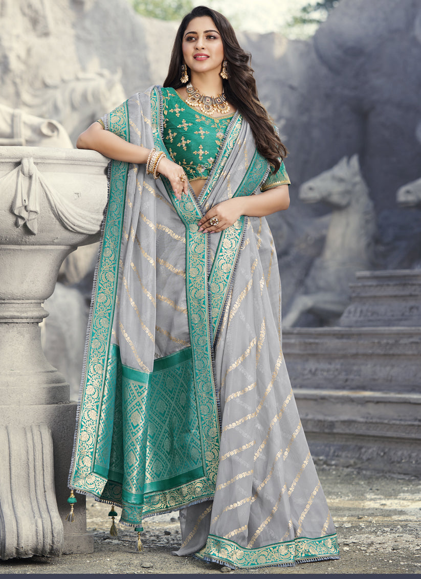 Sky Grey Silk Embroidered Wedding Saree