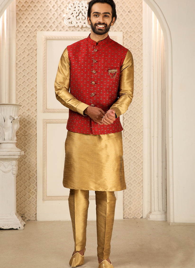 Golden Art Banarasi Silk Embroidered Mens Kurta Pyjama Set with Jacket