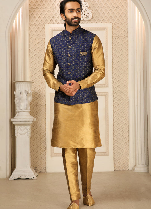 Golden Art Banarasi Silk Embroidered Mens Kurta Pyjama Set with Jacket