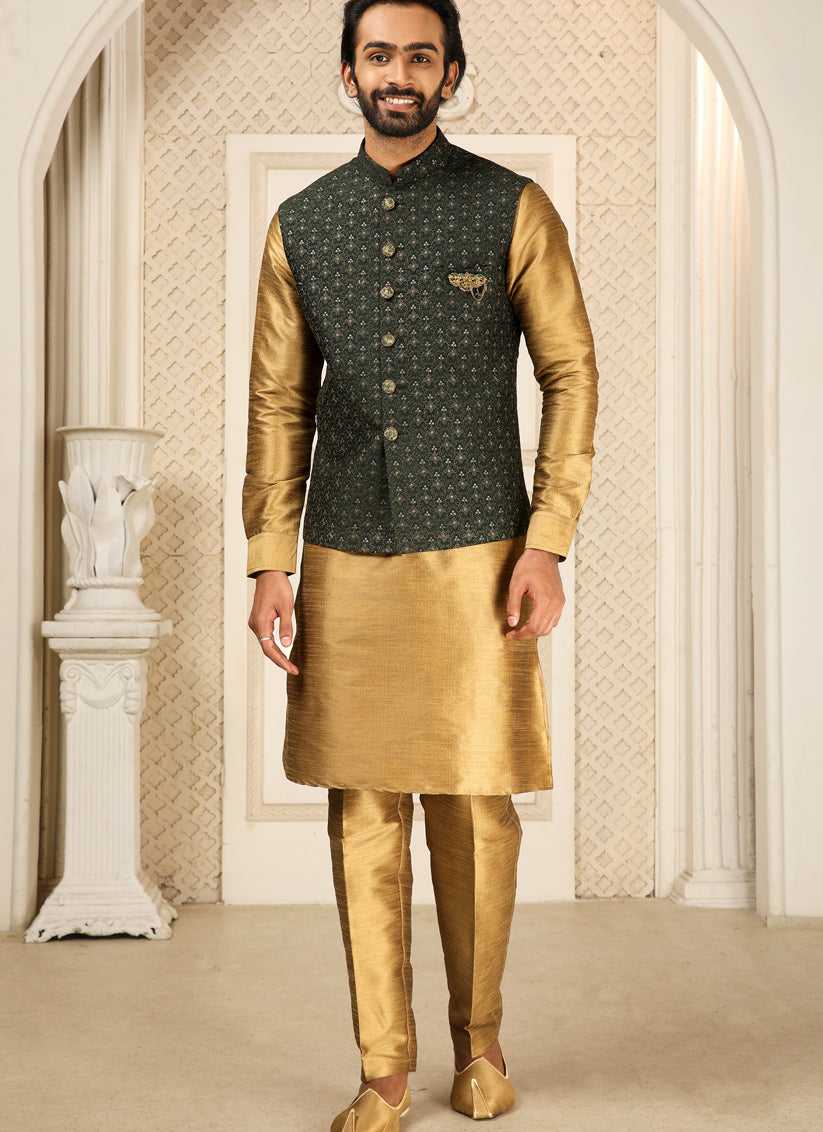 Golden Art Banarasi Silk Embroidered Mens Kurta Pyjama Set with Jacket