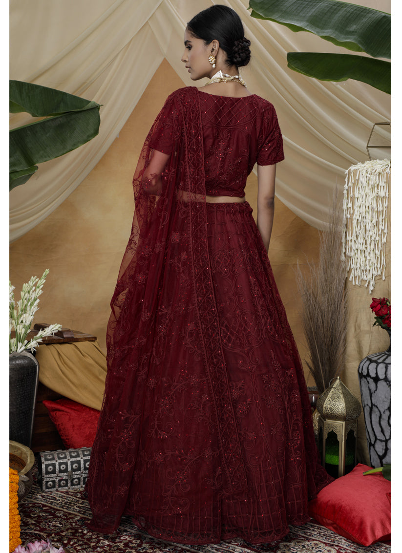 Garnet Maroon Net Embroidered Designer Lehenga Choli