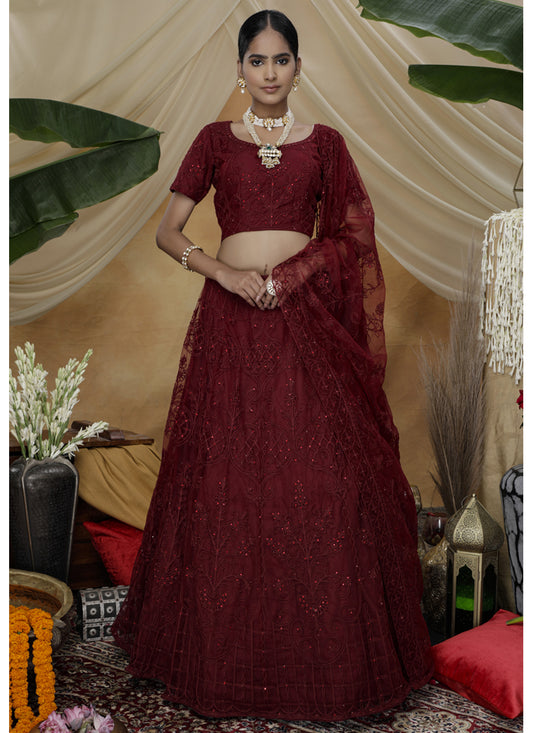 Garnet Maroon Net Embroidered Designer Lehenga Choli