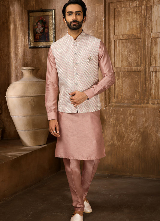 Onion Art Banarasi Silk Embroidered Mens Kurta Pyjama Set with Jacket