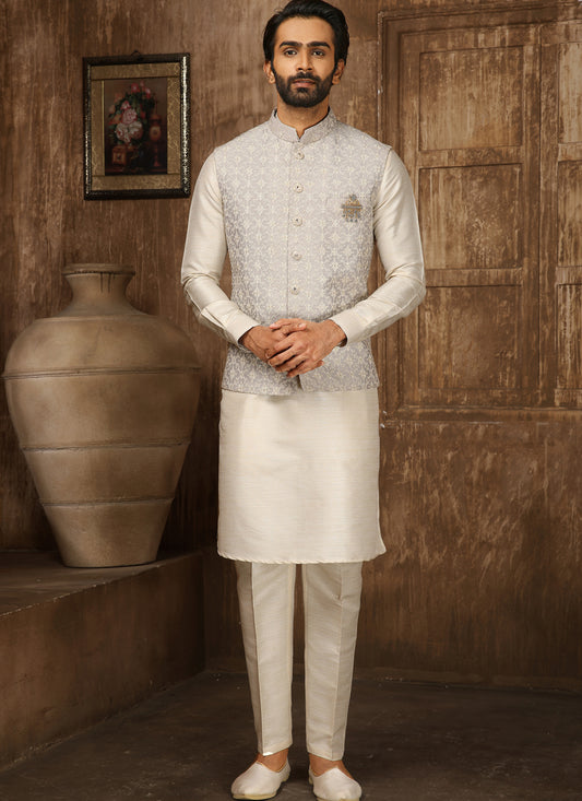 Cream Art Banarasi Silk Embroidered Mens Kurta Pyjama Set with Lucknowi Jacket