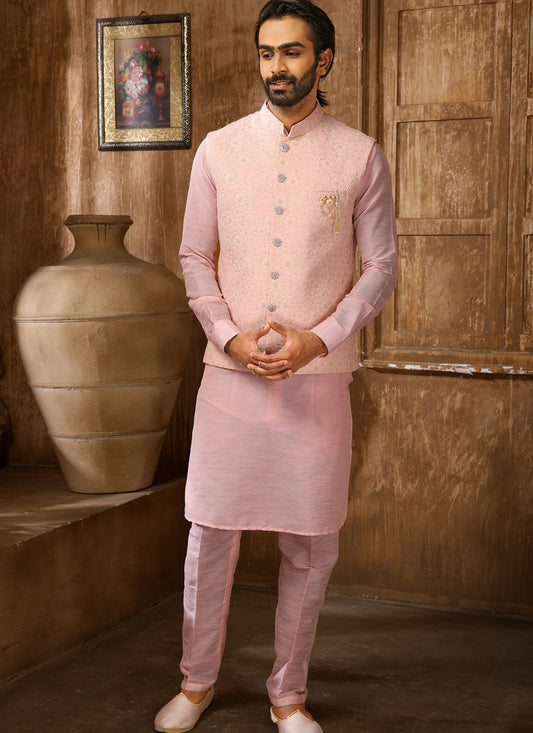 Pink Art Banarasi Silk Embroidered Mens Kurta Pyjama Set with Jacket