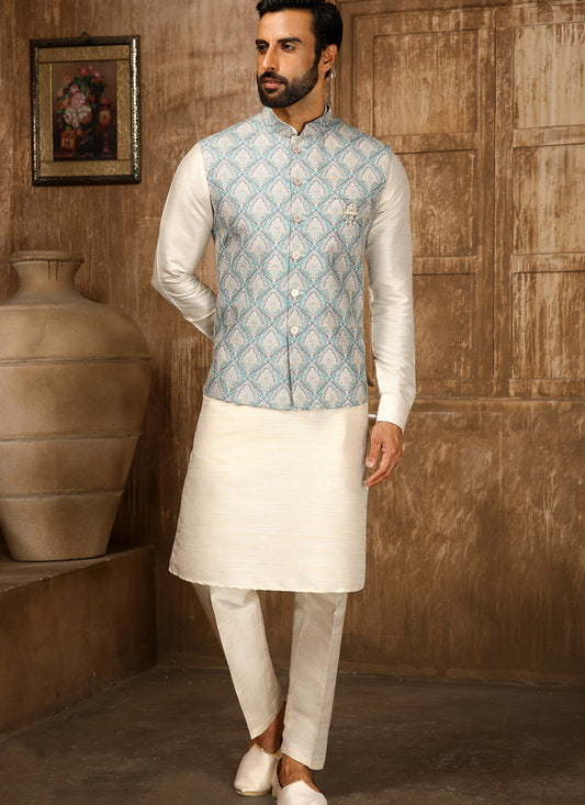 Cream Art Banarasi Silk Thread Work Mens Kurta Pyjama Set with Jacket