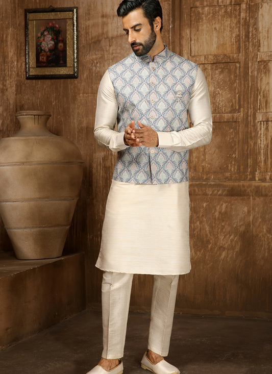 Cream Art Banarasi Silk Thread Work Mens Kurta Pyjama Set with Jacket