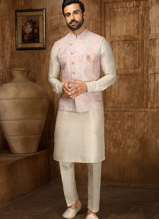 Cream Art Banarasi Silk Thread Work Mens Kurta Pyjama Set with Jacket