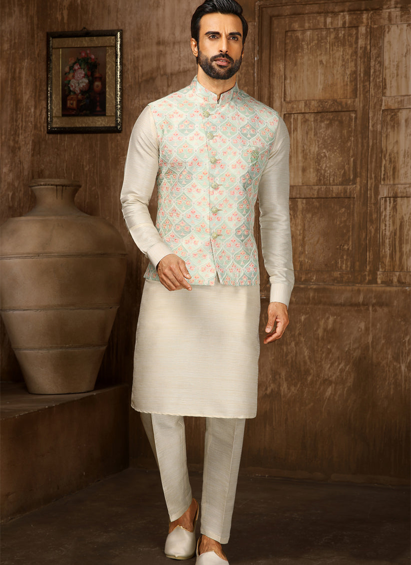 Cream Art Banarasi Silk Thread Work Mens Kurta Pyjama Set with Jacket