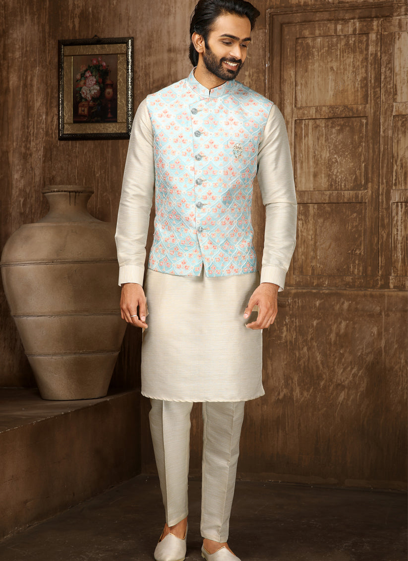 Cream Art Banarasi Silk Thread Work Mens Kurta Pyjama Set with Jacket