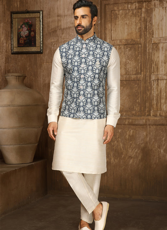 Cream Art Banarasi Silk Thread Work Mens Kurta Pyjama Set with Jacket