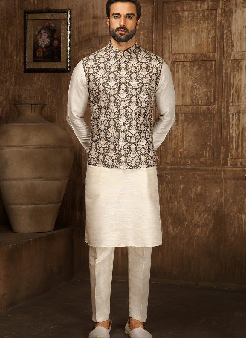 Cream Art Banarasi Silk Thread Work Mens Kurta Pyjama Set with Jacket