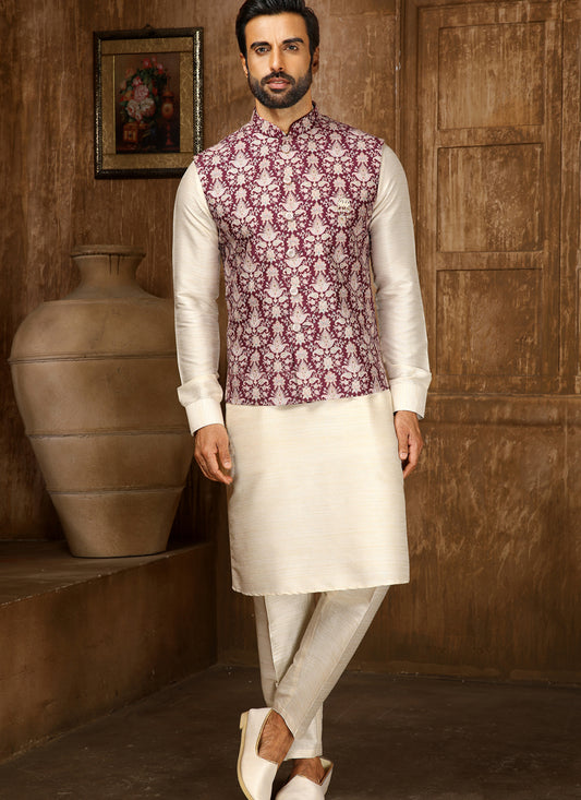 Cream Art Banarasi Silk Thread Work Mens Kurta Pyjama Set with Jacket