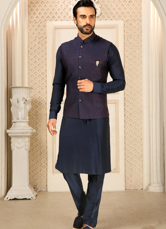 Navy Blue Art Banarasi Silk Embroidered Mens Kurta Pyjama Set with Jacket