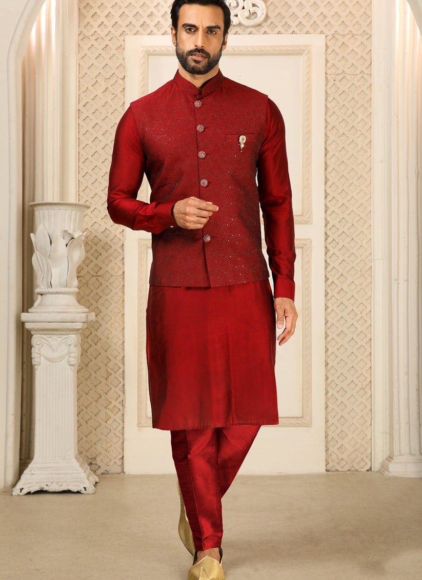 Maroon Art Banarasi Silk Embroidered Mens Kurta Pyjama Set with Jacket