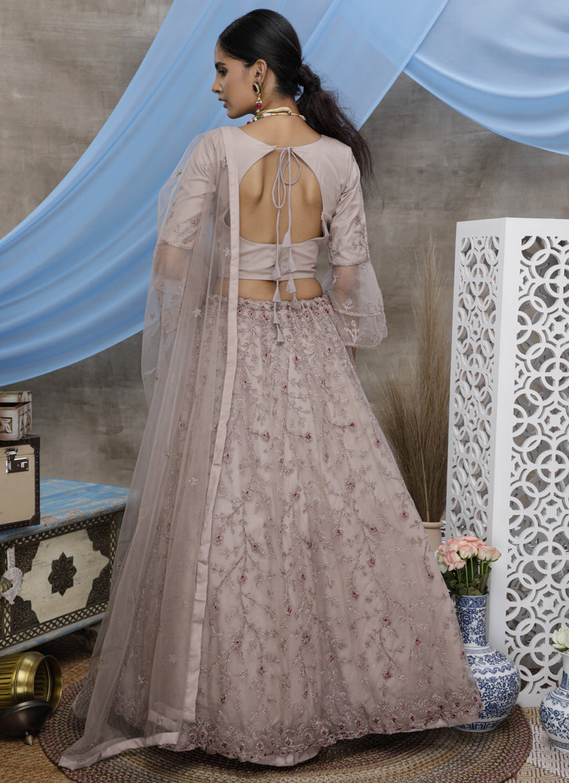 Dusty Lavender Net Embroidered Designer Lehenga Choli